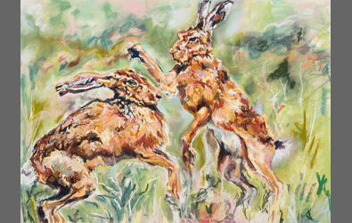 Gesyns Boxing Hares, Pastel of two Engish Hares Boxing.